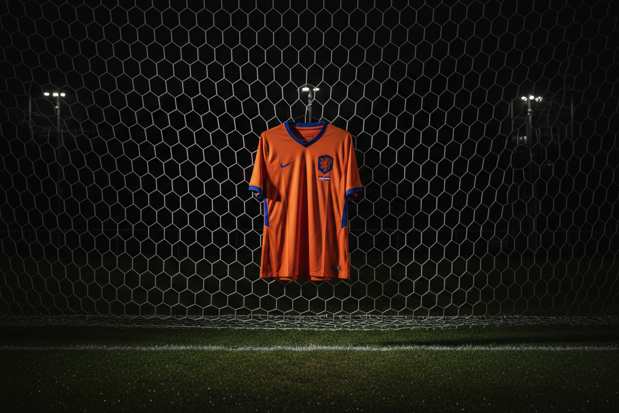 mannelijk voetbalshirt van nederlands elftal orgineel dat in een goal hang wanneer het donker is aanzicht recht 1 meter vanaf grond ongeveer afstand 1,5 meter