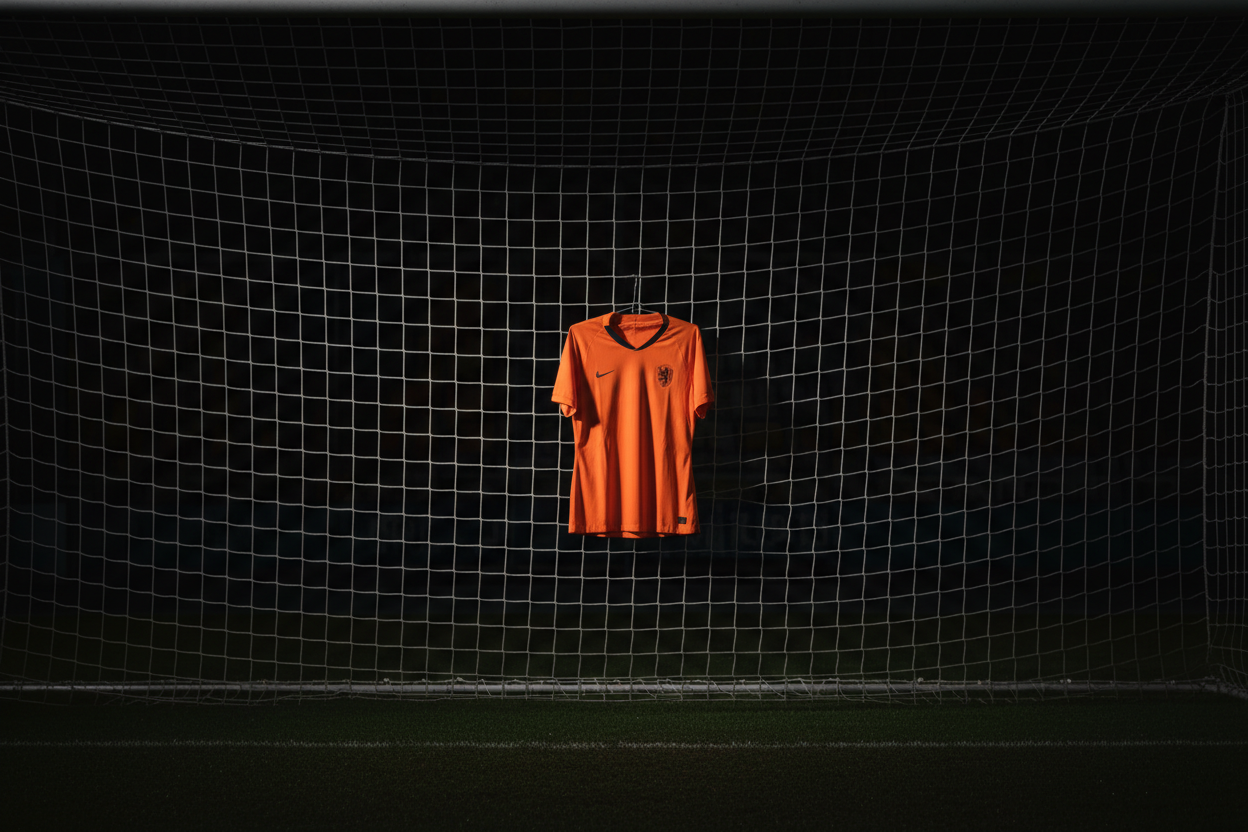 vrouwelijk voetbalshirt van nederlands elftal orgineel dat in een goal hang wanneer het donker is aanzicht recht 1 meter vanaf grond ongeveer afstand 1,5 meter